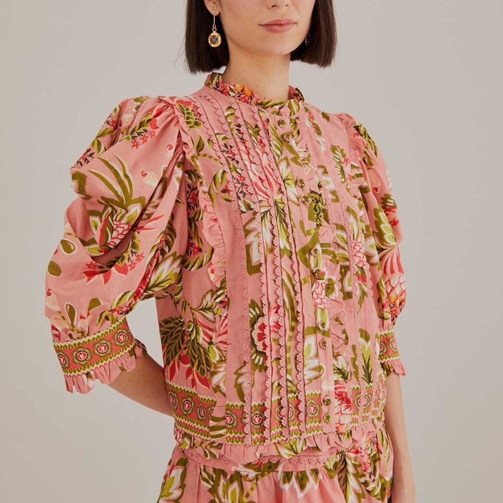 Farm Rio Soft Pink Aura Floral Short Sleeve Blouse